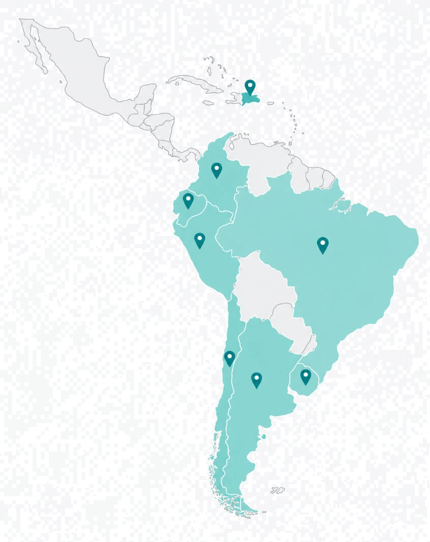 Map of Latin America and the Caribbean showing the countries where Auctor & Solver has completed projects