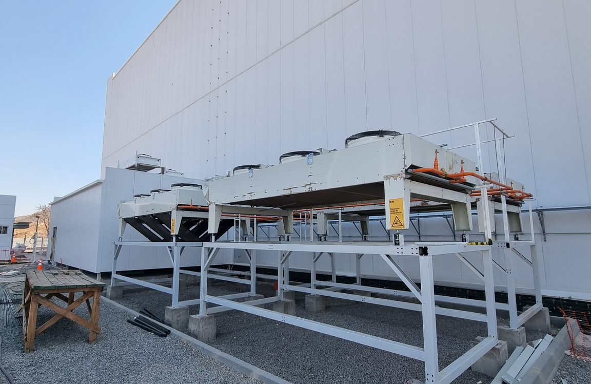 Gas coolers on a structure on the roof of the logistics center